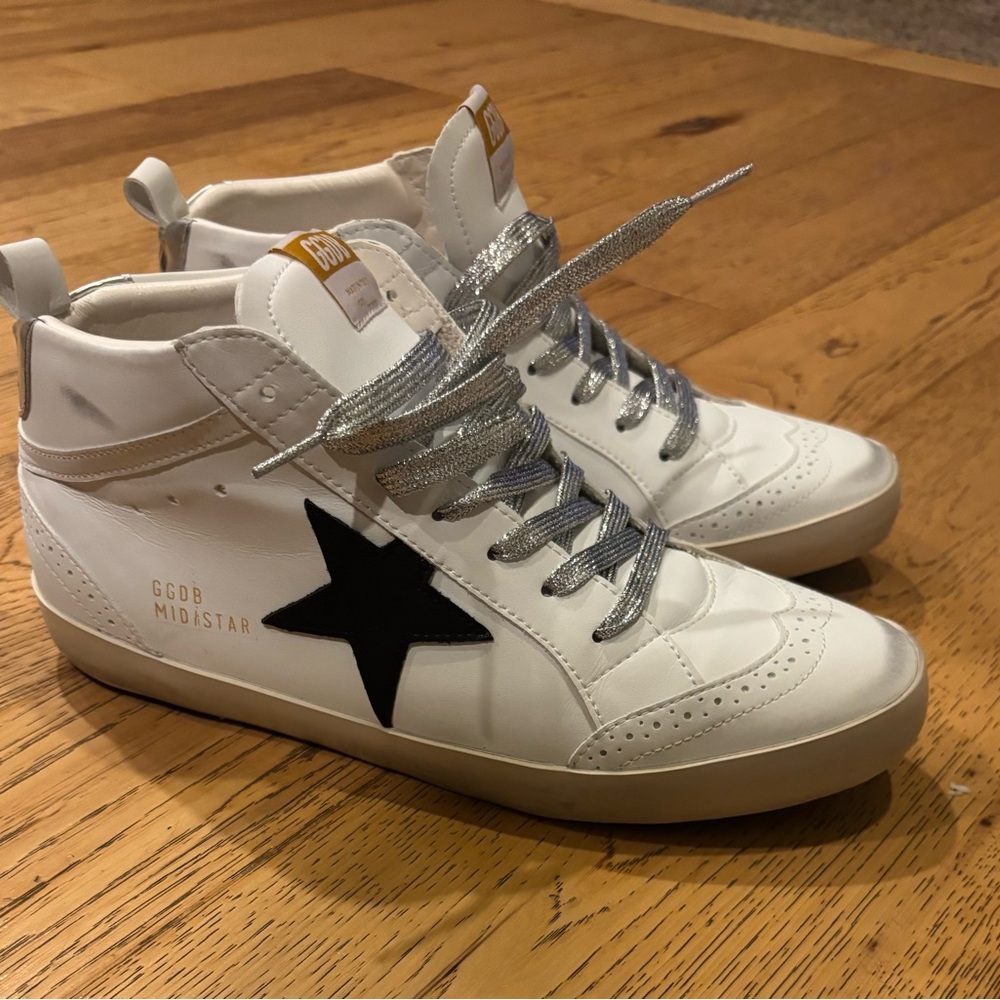 Men’s Golden Goose White Sneakers with Silver Laces